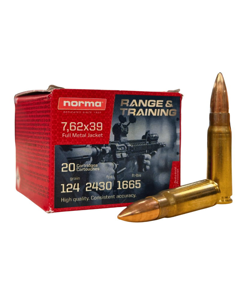 Boîte de 20 cartouches Norma Range & Training 7,62x39, ogive FMJ 124 grains.