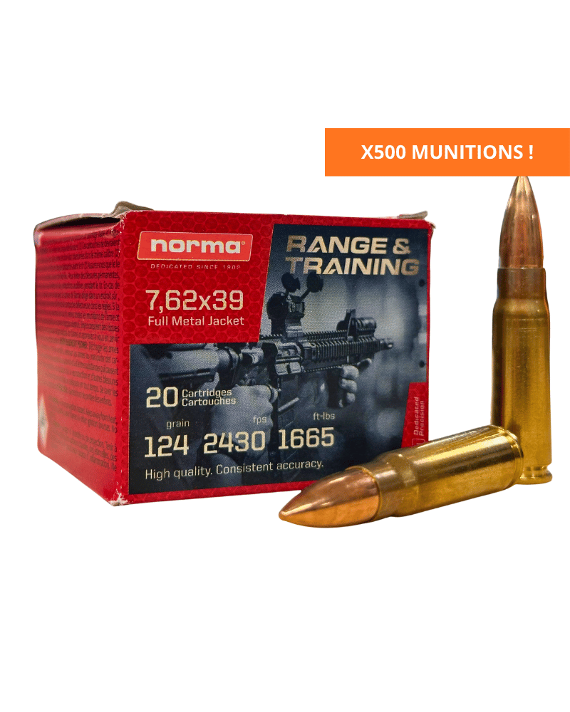 Boîte de 500 cartouches Norma Range & Training 7,62x39, ogive FMJ 124 grains.