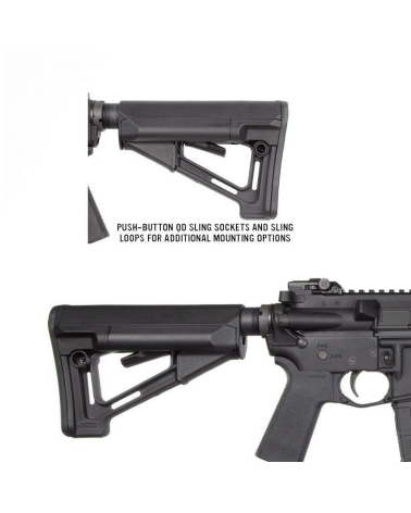 Crosse Magpul STR Carbine Mil-Spec noire pour AR-15/M4 avec tubes de stockage étanches pour piles.