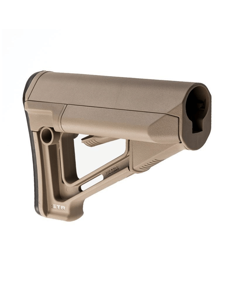 Crosse Magpul STR Carbine Mil-Spec FDE (Flat Dark Earth) pour AR-15/M4 avec tubes de stockage étanches pour piles.