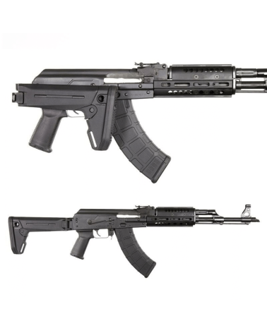 Crosse pliante Magpul Zhukov-S noire pour fusil AK type Yougo (Zastava M70), repli à droite.