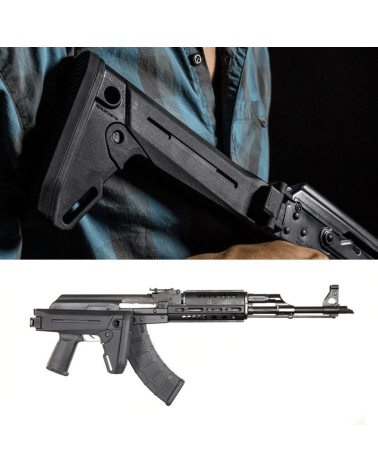 Crosse pliante Magpul Zhukov-S noire pour fusil AK type Yougo (Zastava M70), repli à droite.