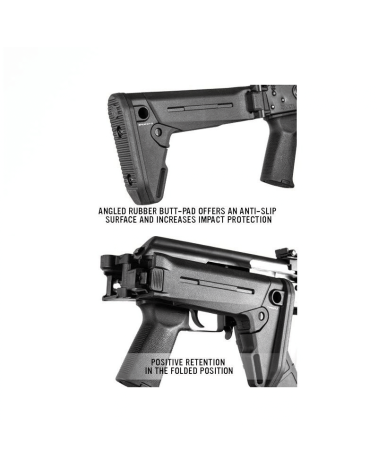 Crosse pliante Magpul Zhukov-S noire pour fusil AK type Yougo (Zastava M70), repli à droite.