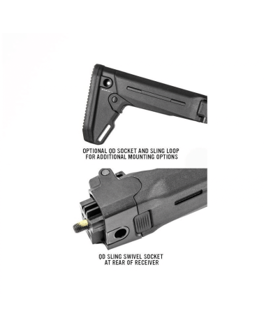 Crosse pliante Magpul Zhukov-S noire pour fusil AK type Yougo (Zastava M70), repli à droite.
